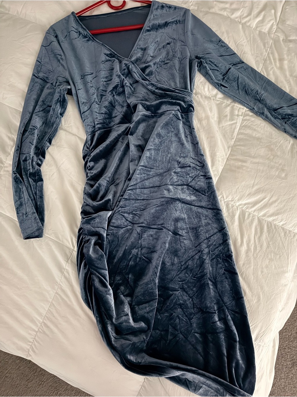 Velvet Long-Sleeve Wrap Dress - Steele Blue/Dark Gray